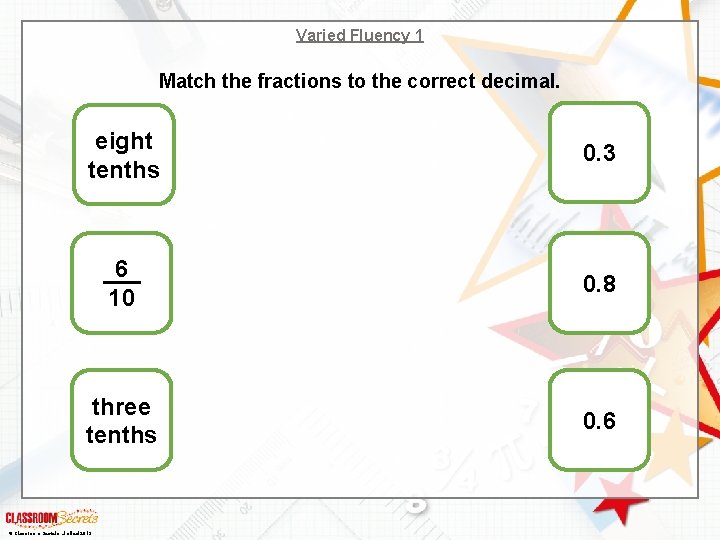 Varied Fluency 1 Match the fractions to the correct decimal. eight tenths 0. 3