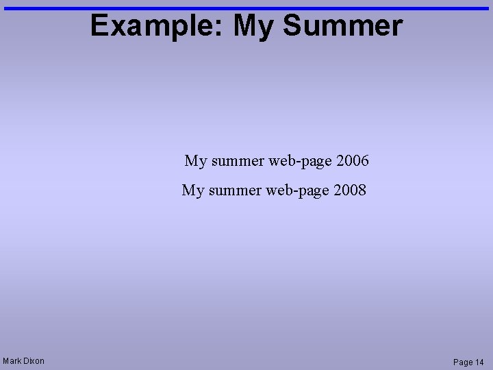Example: My Summer My summer web-page 2006 My summer web-page 2008 Mark Dixon Page