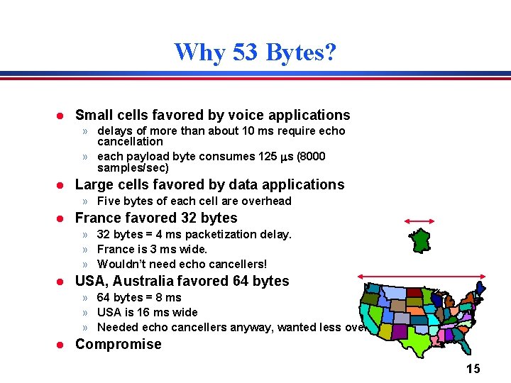 Why 53 Bytes? l Small cells favored by voice applications » delays of more