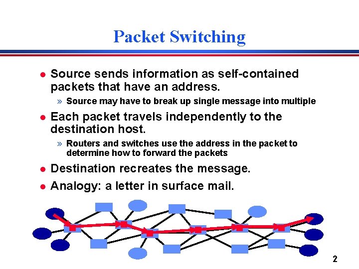 Packet Switching l Source sends information as self-contained packets that have an address. »