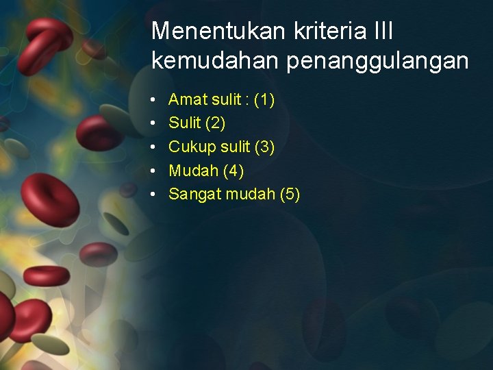 Menentukan kriteria III kemudahan penanggulangan • • • Amat sulit : (1) Sulit (2)