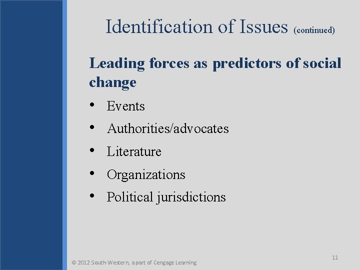 Identification of Issues (continued) Leading forces as predictors of social change • • •