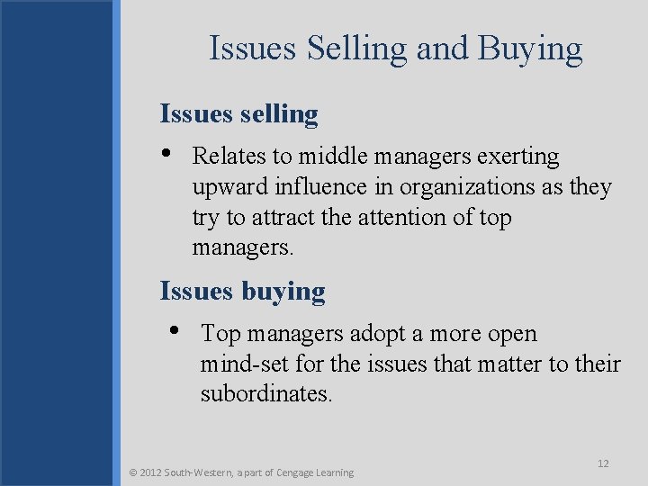 Issues Selling and Buying Issues selling • Relates to middle managers exerting upward influence