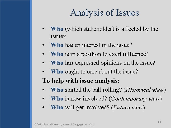 Analysis of Issues • • • Who (which stakeholder) is affected by the issue?