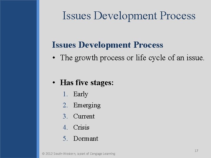 Issues Development Process • The growth process or life cycle of an issue. •