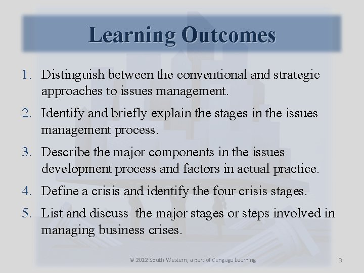 Learning Outcomes 1. Distinguish between the conventional and strategic approaches to issues management. 2.