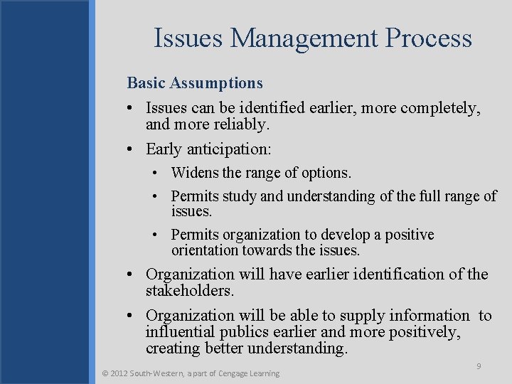 Issues Management Process Basic Assumptions • Issues can be identified earlier, more completely, and