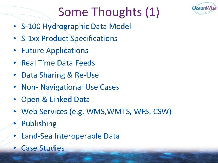 Some Thoughts (1) • • • S-100 Hydrographic Data Model S-1 xx Product Specifications Some Thoughts (1) • • • S-100 Hydrographic Data Model S-1 xx Product Specifications