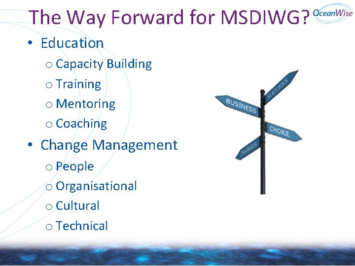 The Way Forward for MSDIWG? • Education o Capacity Building o Training o Mentoring The Way Forward for MSDIWG? • Education o Capacity Building o Training o Mentoring