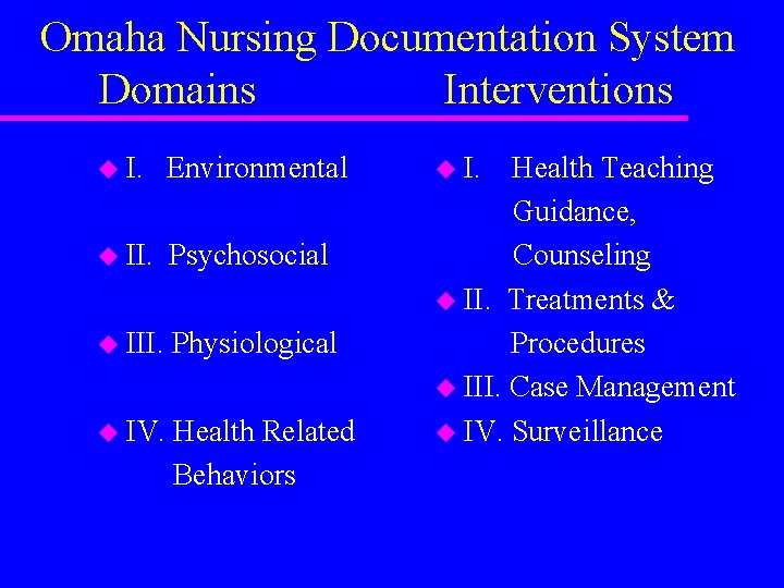 Omaha Nursing Documentation System Domains Interventions u I. Environmental u II. Psychosocial u III.