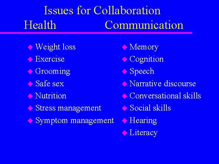 Issues for Collaboration Health Communication u Weight loss u Exercise u Grooming u Safe