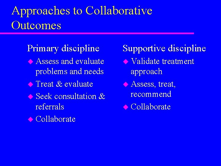 Approaches to Collaborative Outcomes Primary discipline Supportive discipline u Assess u Validate and evaluate