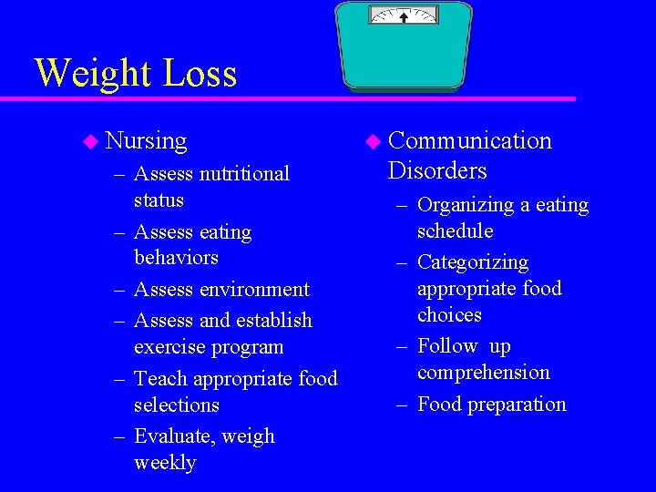 Weight Loss u Nursing – Assess nutritional status – Assess eating behaviors – Assess