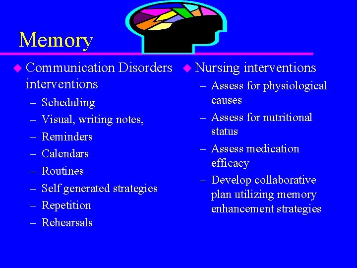 Memory u Communication Disorders interventions – – – – Scheduling Visual, writing notes, Reminders