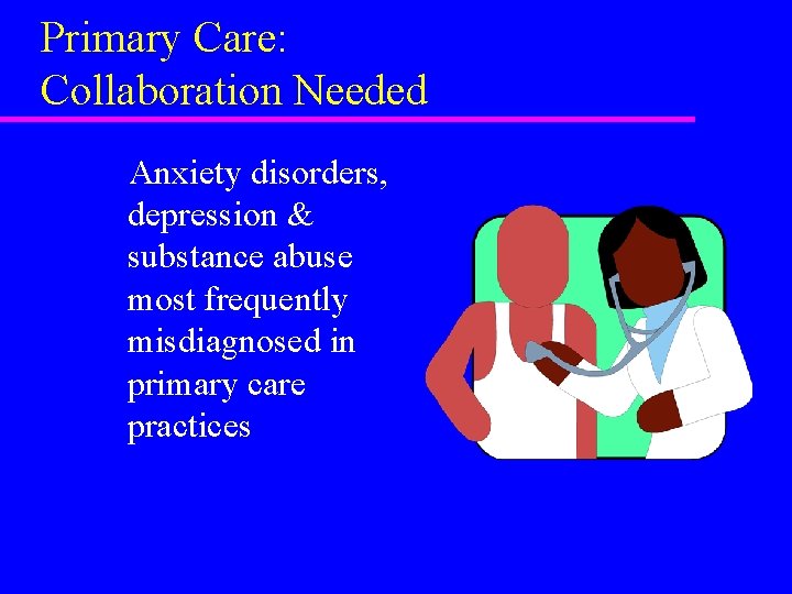 Primary Care: Collaboration Needed Anxiety disorders, depression & substance abuse most frequently misdiagnosed in