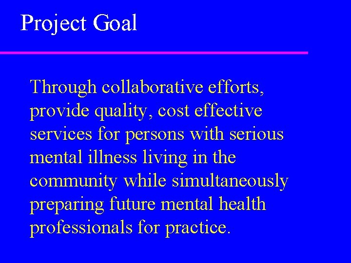 Project Goal Through collaborative efforts, provide quality, cost effective services for persons with serious