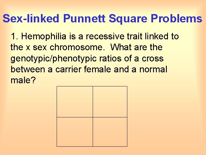 Sex-linked Punnett Square Problems 1. Hemophilia is a recessive trait linked to the x