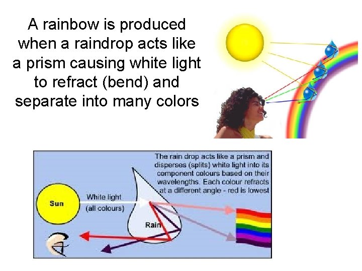 A rainbow is produced when a raindrop acts like a prism causing white light