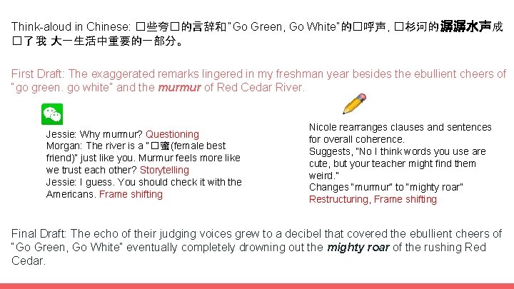 Think-aloud in Chinese: �些夸�的言辞和 “Go Green, Go White”的�呼声 , �杉河的 潺潺水声成 �了 我 大一生活中重要的一部分。