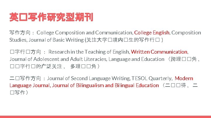 英�写作研究型期刊 写作方向： College Composition and Communication, College English, Composition Studies, Journal of Basic Writing