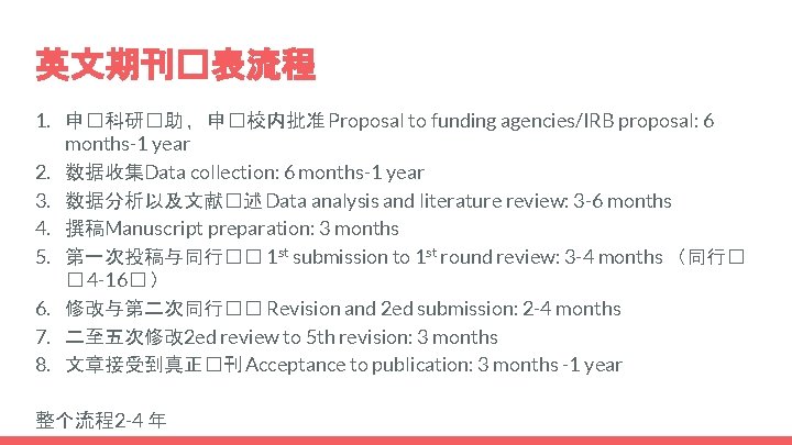 英文期刊�表流程 1. 申�科研�助 ，申�校内批准 Proposal to funding agencies/IRB proposal: 6 months-1 year 2. 数据收集Data