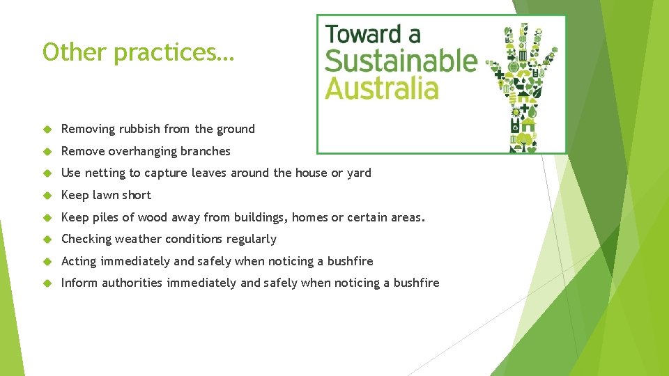 Other practices… Removing rubbish from the ground Remove overhanging branches Use netting to capture