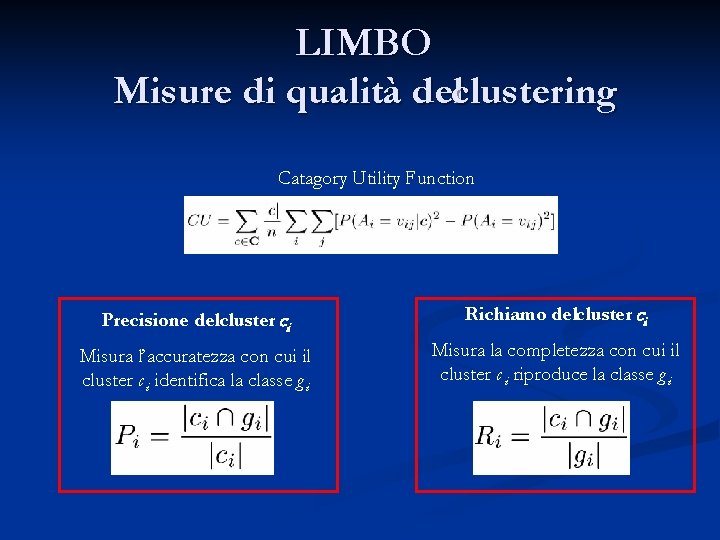 LIMBO Misure di qualità delclustering Catagory Utility Function Precisione delcluster ci Richiamo delcluster ci