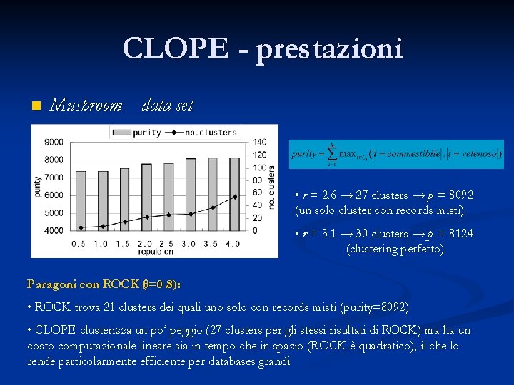 CLOPE - prestazioni n Mushroom data set • r = 2. 6 → 27