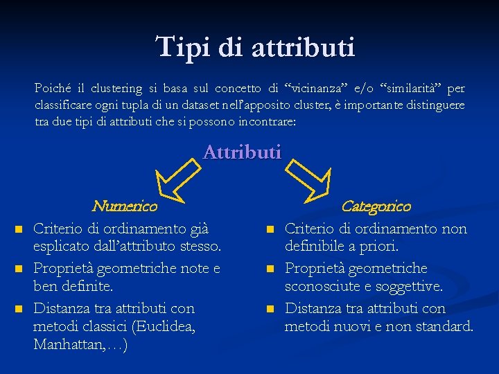 Tipi di attributi Poiché il clustering si basa sul concetto di “vicinanza” e/o “similarità”
