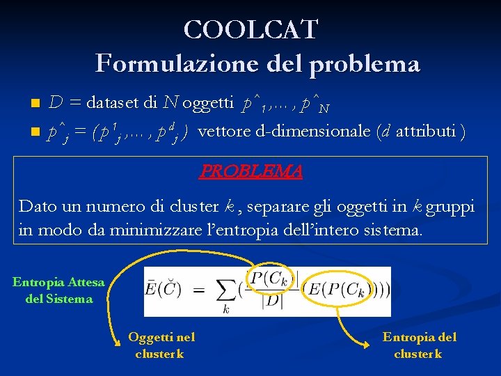 COOLCAT Formulazione del problema n n D = dataset di N oggetti p ^1