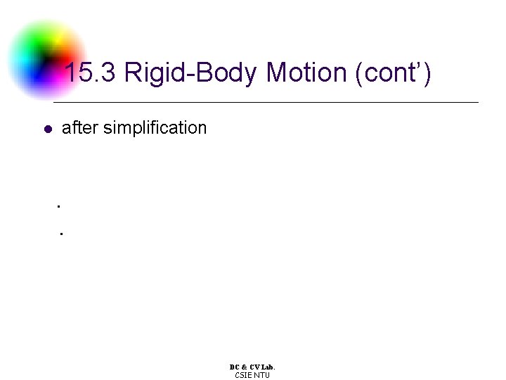 15. 3 Rigid-Body Motion (cont’) l after simplification . . DC & CV Lab. 15. 3 Rigid-Body Motion (cont’) l after simplification . . DC & CV Lab.