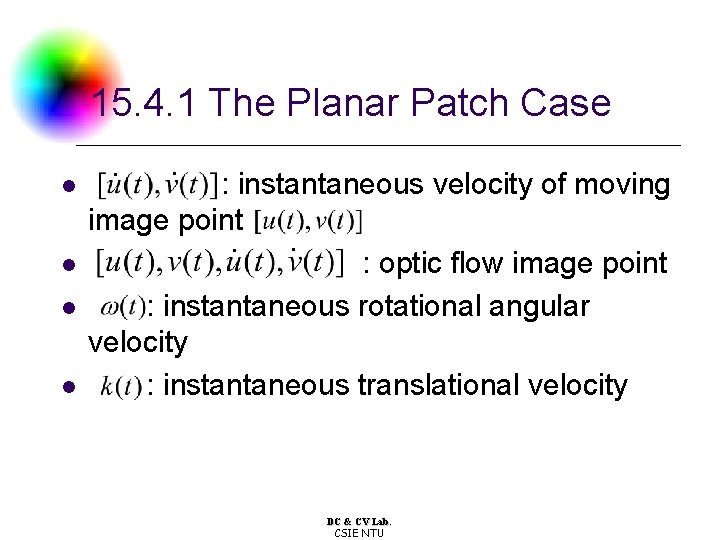15. 4. 1 The Planar Patch Case l l . . : instantaneous velocity 15. 4. 1 The Planar Patch Case l l . . : instantaneous velocity