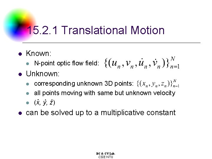 15. 2. 1 Translational Motion l Known: l l Unknown: l l N-point optic 15. 2. 1 Translational Motion l Known: l l Unknown: l l N-point optic