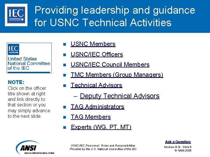 Providing leadership and guidance for USNC Technical Activities NOTE: Click on the officer title