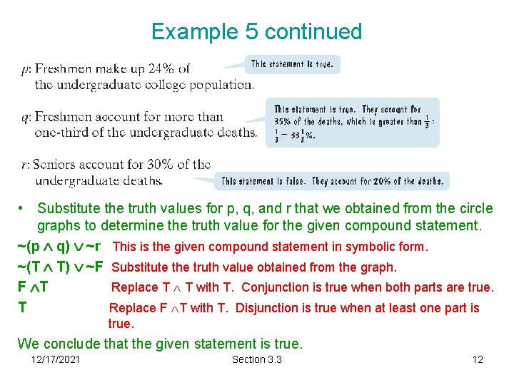 Example 5 continued • Substitute the truth values for p, q, and r that