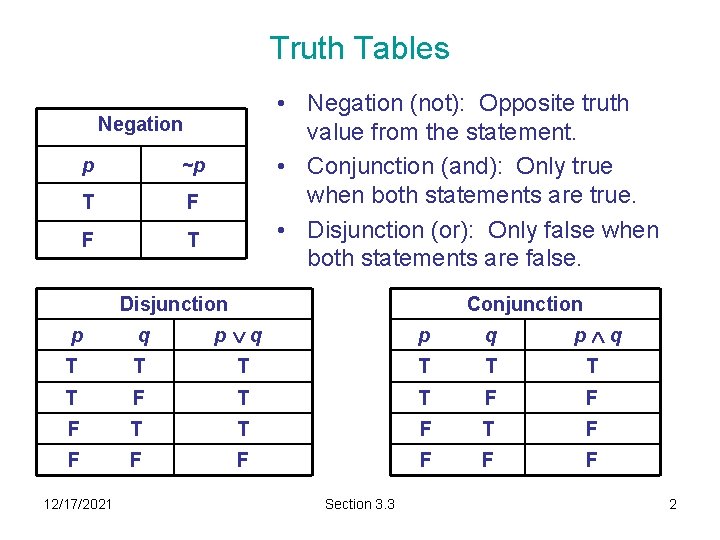 Truth Tables • Negation (not): Opposite truth value from the statement. • Conjunction (and):