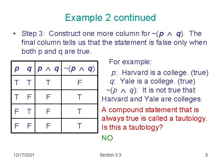 Example 2 continued • Step 3: Construct one more column for ~(p q). The