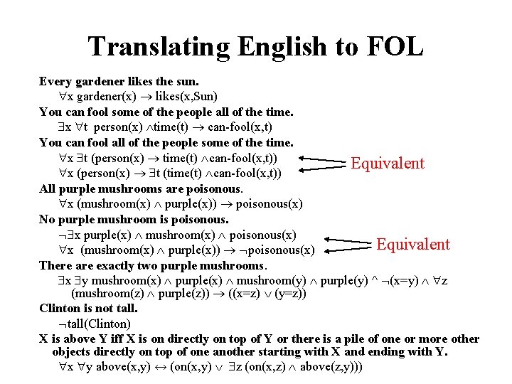 Translating English to FOL Every gardener likes the sun. x gardener(x) likes(x, Sun) You