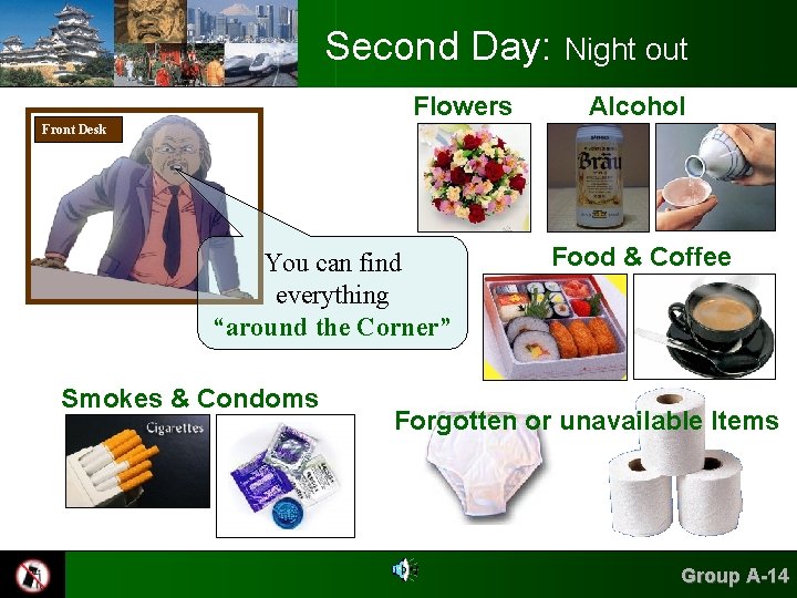 Second Day: Night out Flowers Alcohol Front Desk You can find everything “around the