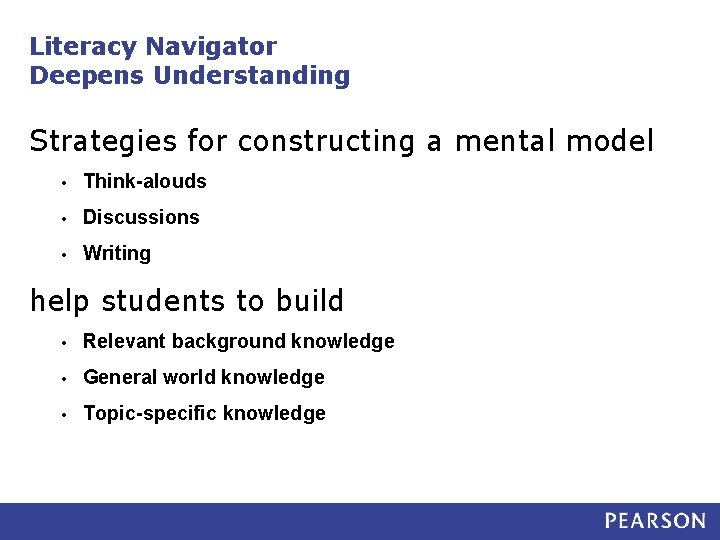 Literacy Navigator Deepens Understanding Strategies for constructing a mental model • Think-alouds • Discussions