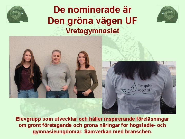 De nominerade är Den gröna vägen UF Vretagymnasiet Elevgrupp som utvecklar och håller inspirerande