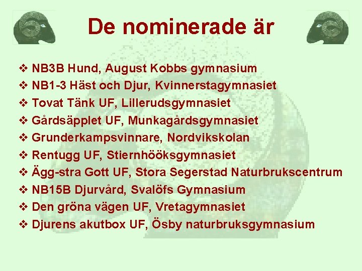 De nominerade är v NB 3 B Hund, August Kobbs gymnasium v NB 1