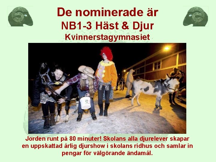 De nominerade är NB 1 -3 Häst & Djur Kvinnerstagymnasiet Jorden runt på 80