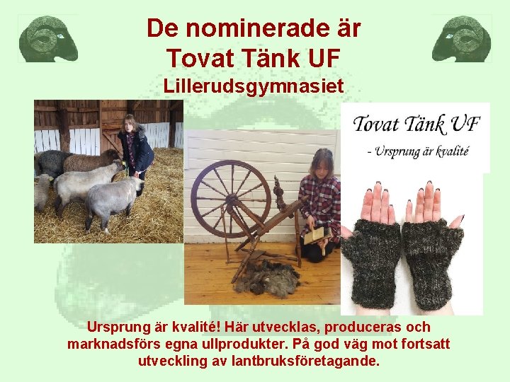 De nominerade är Tovat Tänk UF Lillerudsgymnasiet Ursprung är kvalité! Här utvecklas, produceras och