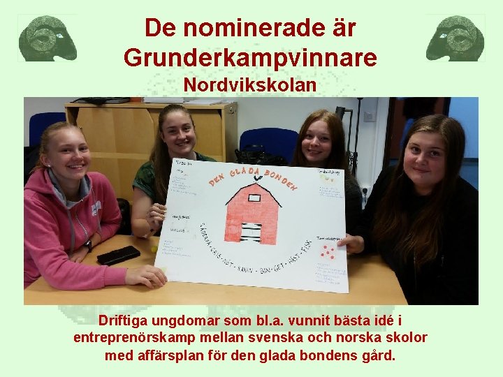 De nominerade är Grunderkampvinnare Nordvikskolan Driftiga ungdomar som bl. a. vunnit bästa idé i