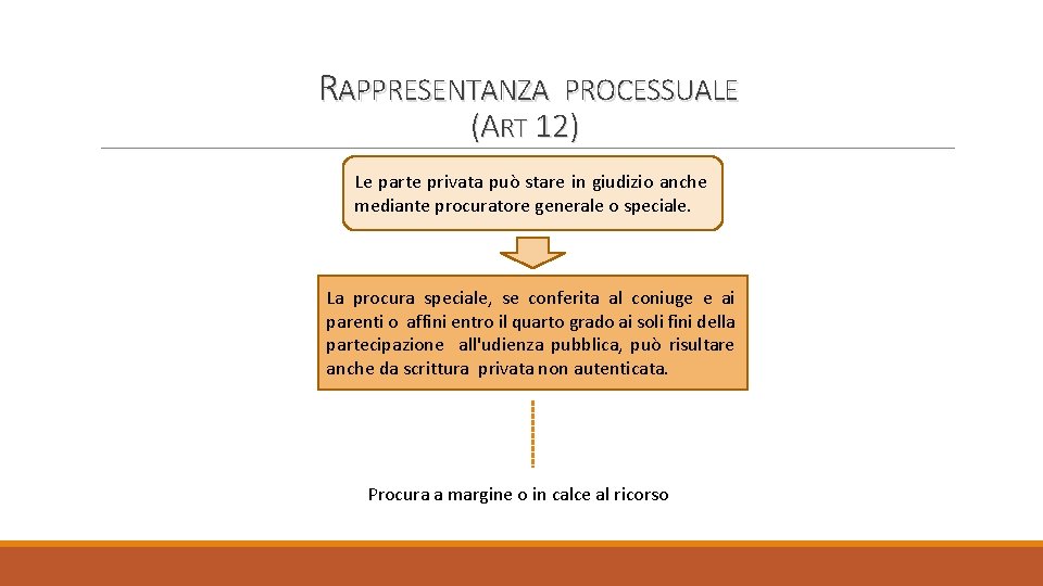 RAPPRESENTANZA PROCESSUALE (ART 12) Le parte privata può stare in giudizio anche mediante procuratore