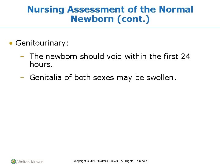 Nursing Assessment of the Normal Newborn (cont. ) • Genitourinary: – The newborn should