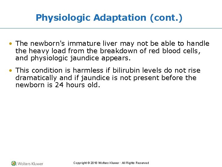 Physiologic Adaptation (cont. ) • The newborn's immature liver may not be able to