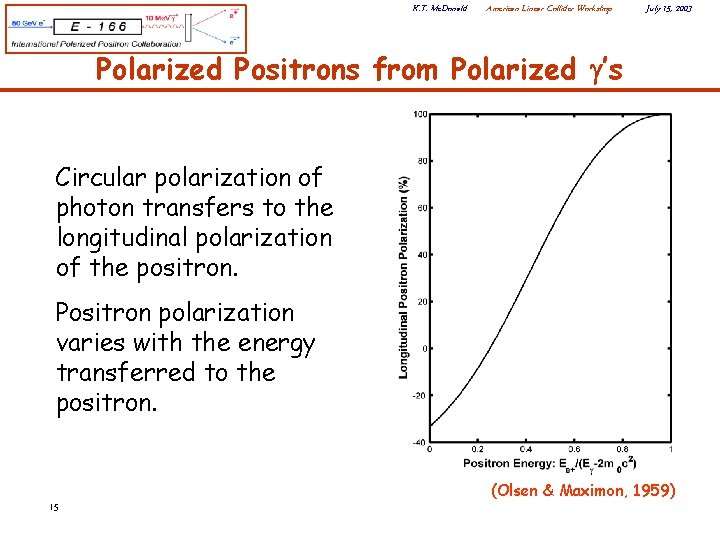 K. T. Mc. Donald American Linear Collider Workshop July 15, 2003 Polarized Positrons from
