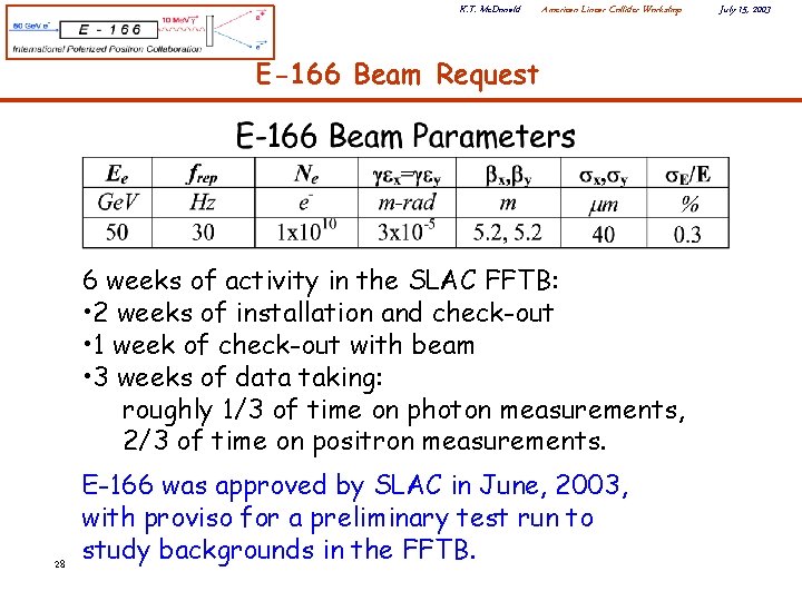K. T. Mc. Donald American Linear Collider Workshop E-166 Beam Request 6 weeks of